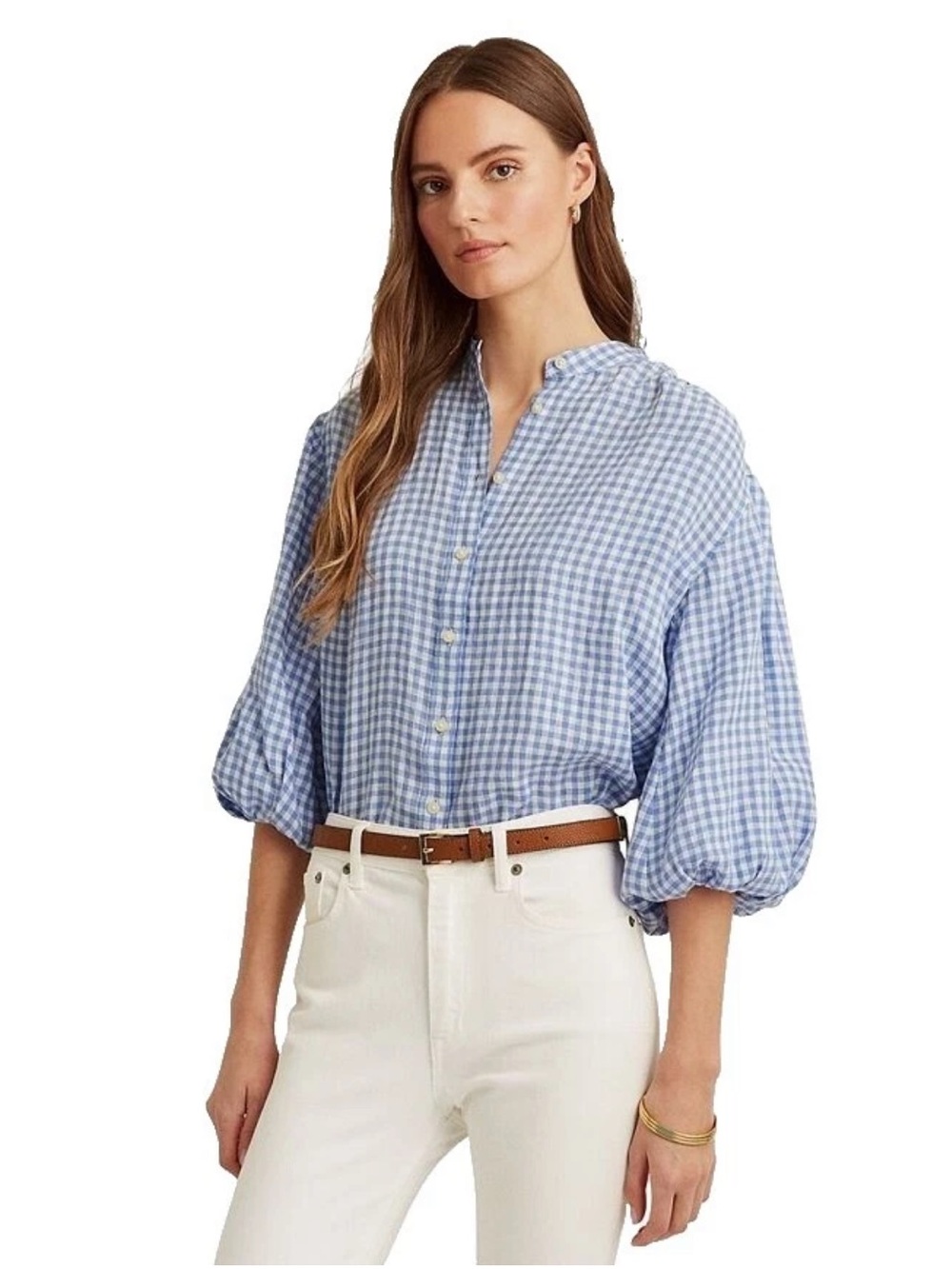 Lauren Ralph Lauren Blue Gingham Puff-Sleeve Button-Down Shirt